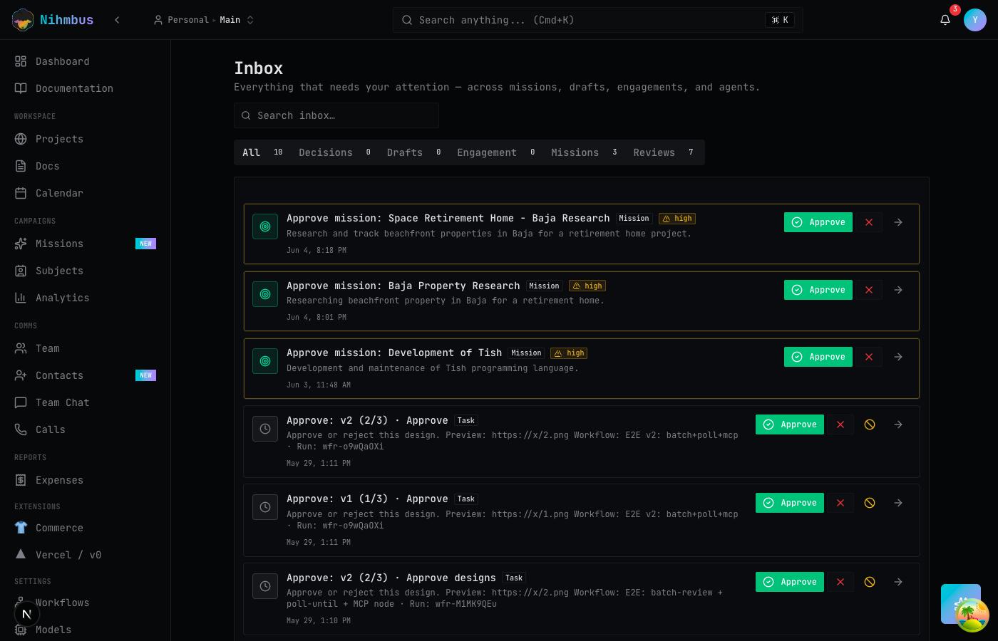 Nihmbus unified inbox with engagements, drafts, and AI decisions