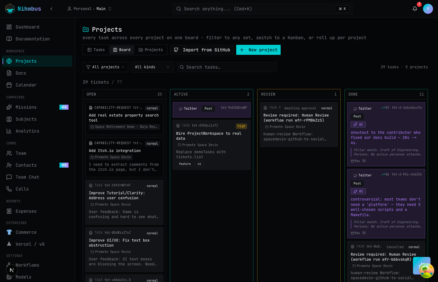 Nihmbus kanban board with ticket columns