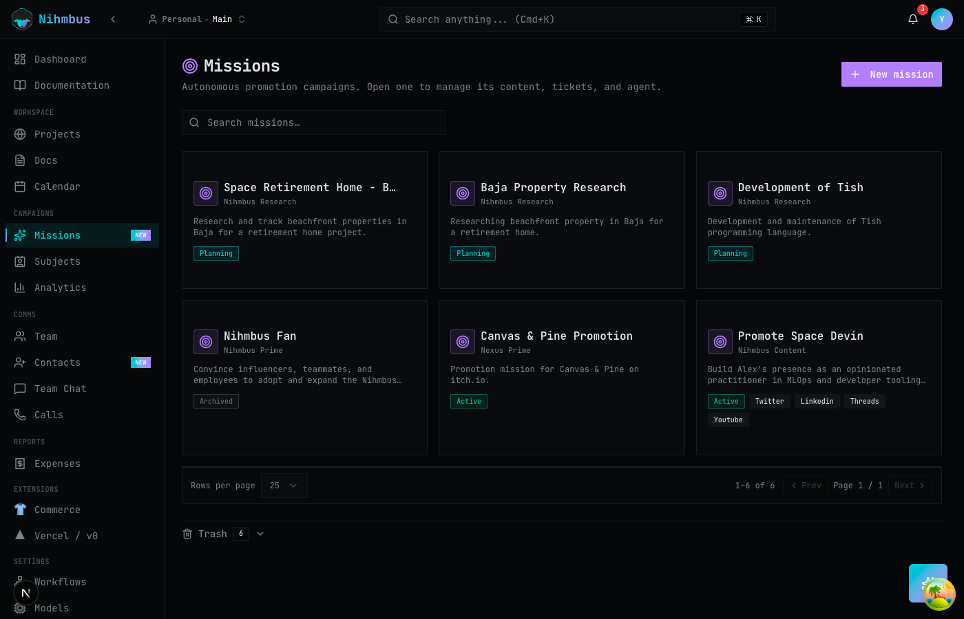 Nihmbus missions dashboard showing active AI campaigns
