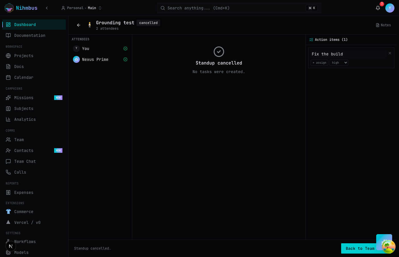 Nihmbus AI-facilitated standup meeting with auto-generated action items